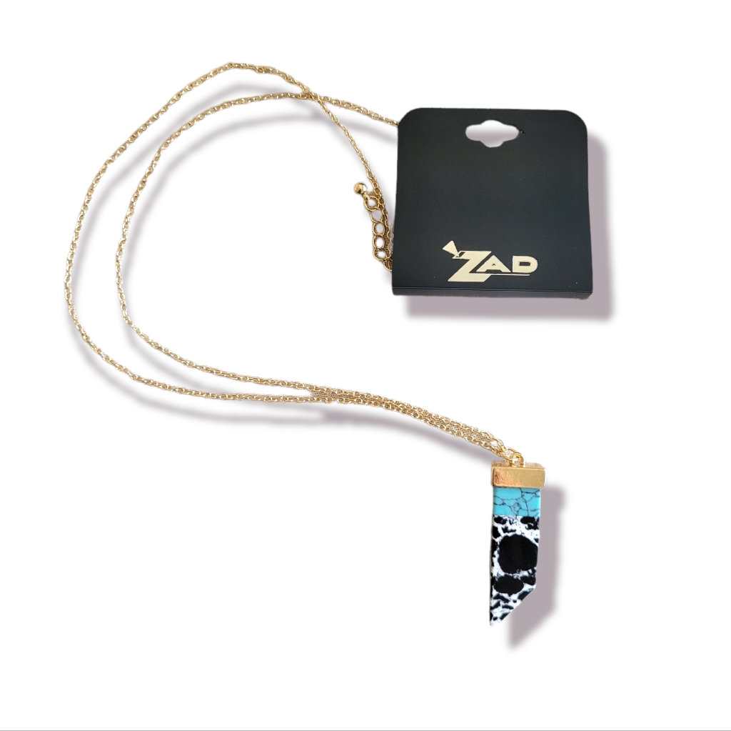 Zad New Turquoise Onyx Resin Pendant Long Gold Chain Boho Artsy Necklace
